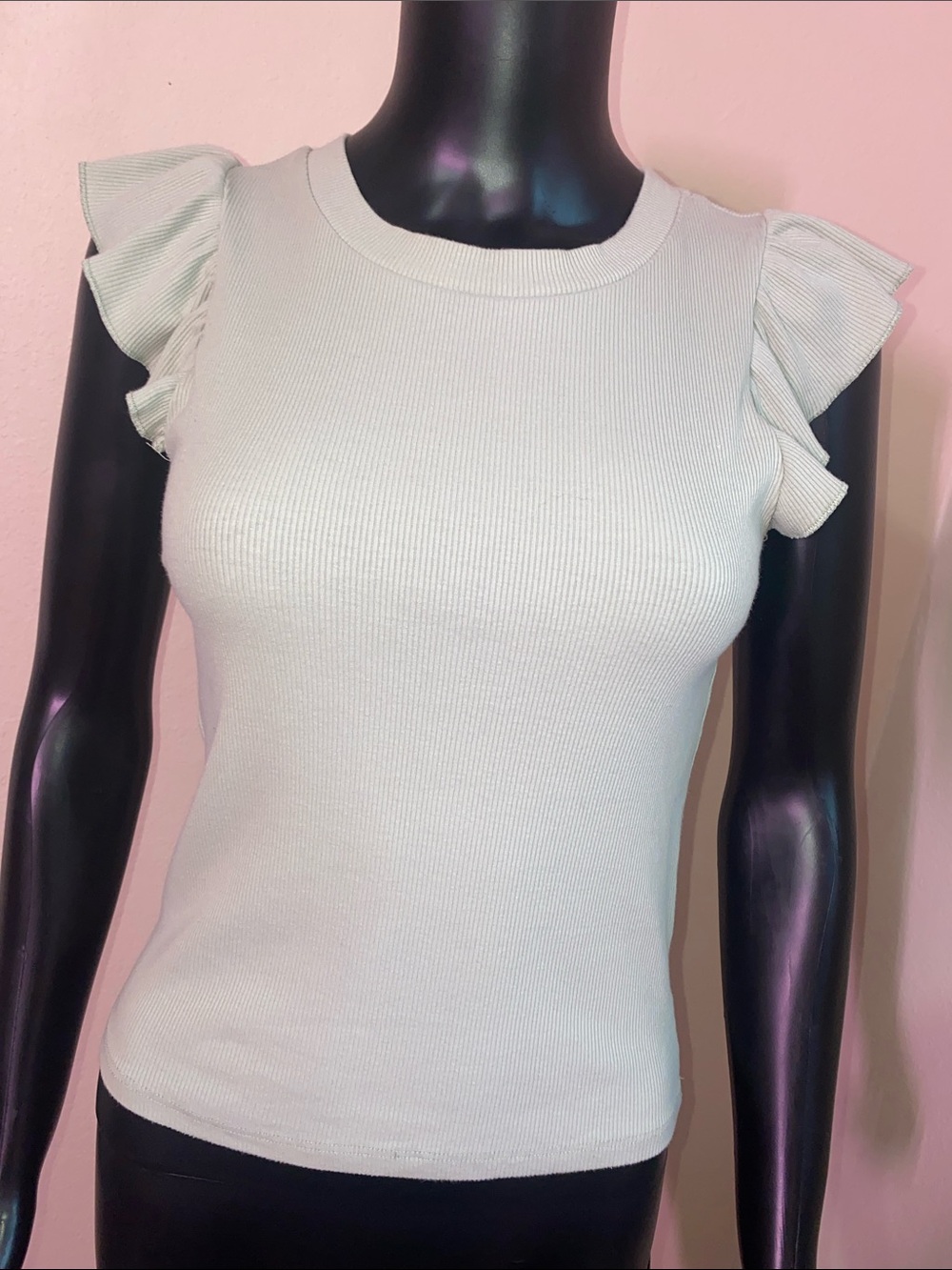 Pink Rose Mint Green Ruffle Sleeve Ribbed Tee - Picture 3 of 10
